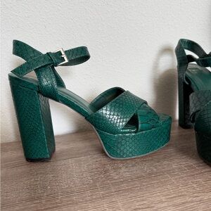 Vici Faux-Snakeskin Platform Block Heels in teal